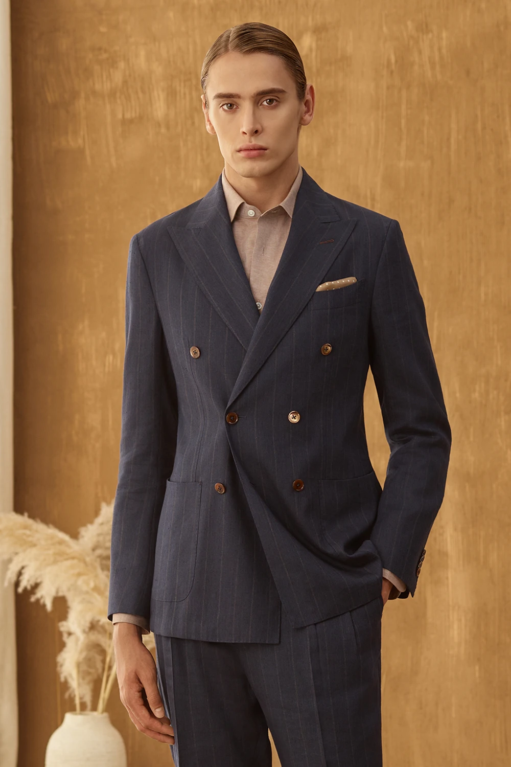 Navy Shadow Stripe Linen-Wool Double-Breasted Suit