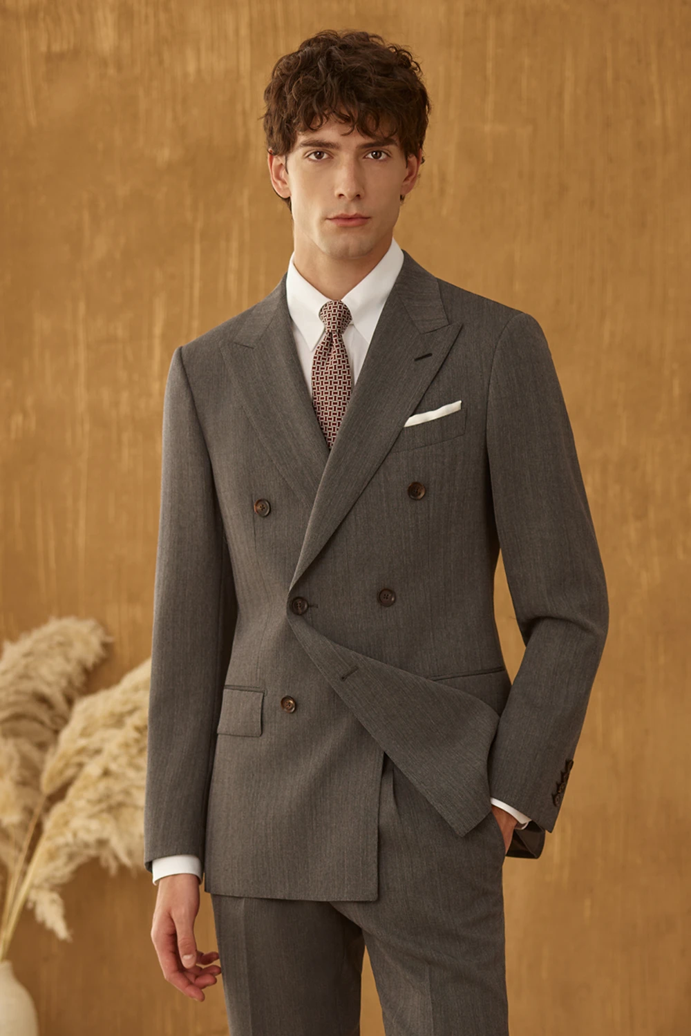 Grey 3D Texture Herringbone Double-Breasted Suit